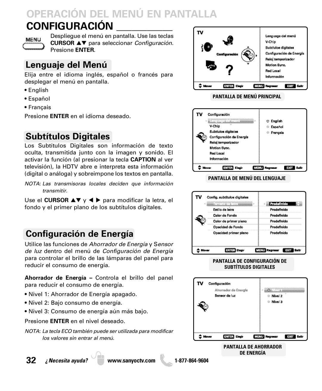 Sanyo DP55360 manual Lenguaje del Menú, Subtítulos Digitales, Configuración de Energía 