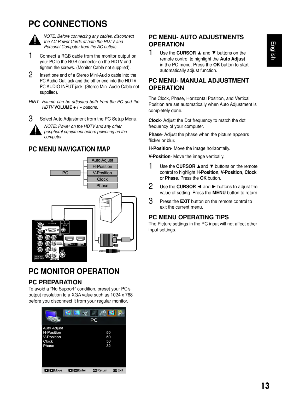 Sanyo DP55441 manual PC Connections, PC Monitor Operation 