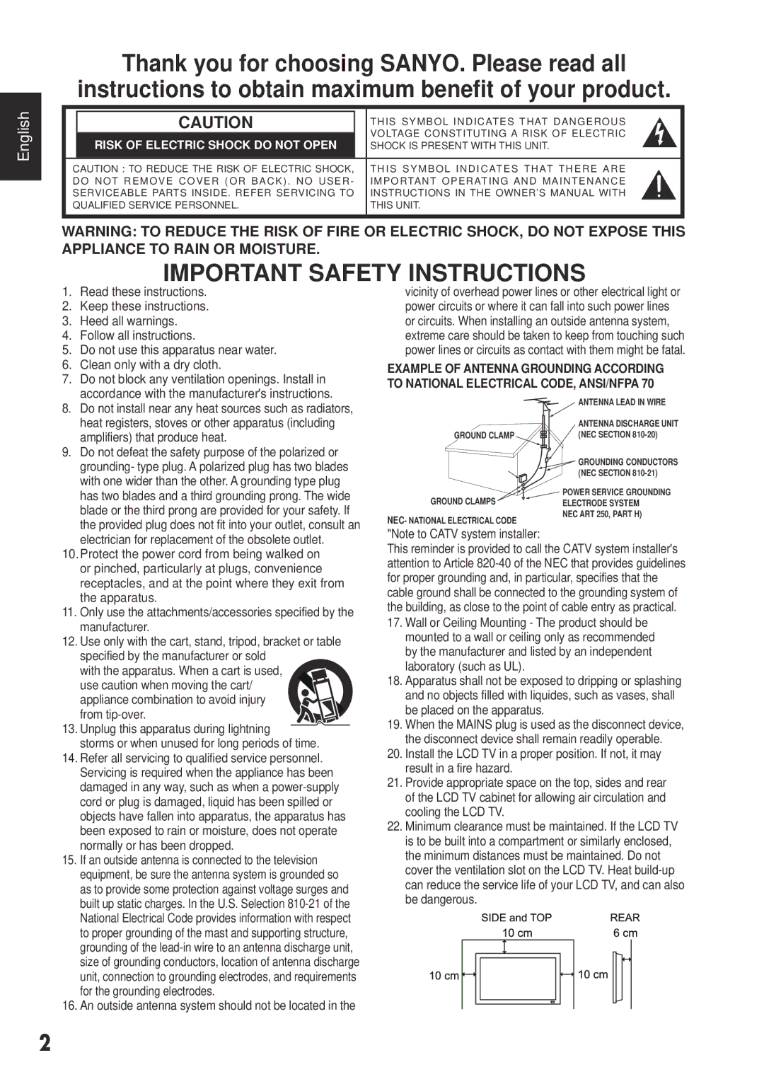 Sanyo DP55441 manual Important Safety Instructions, Risk of Electric Shock do not Open 