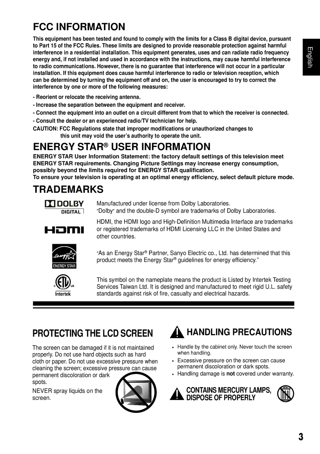 Sanyo DP55441 manual FCC Information, Energy Star User Information, Trademarks, Handling Precautions 