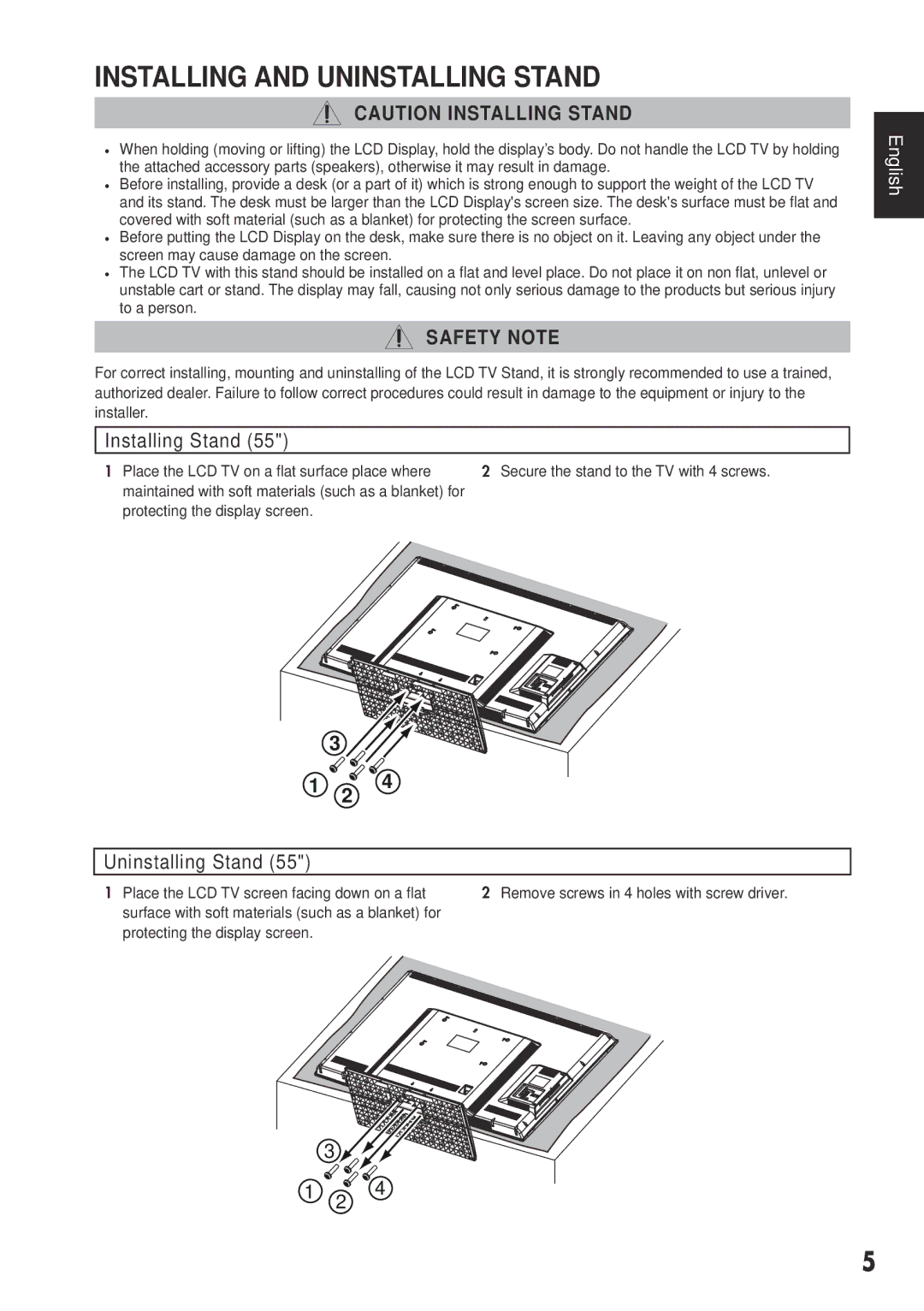 Sanyo DP55441 manual Installing and Uninstalling Stand, Place the LCD TV screen facing down on a flat 