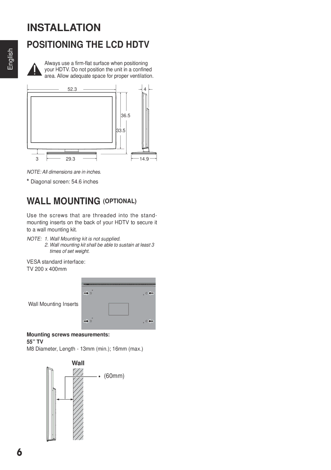 Sanyo DP55441 manual Installation, Positioning the LCD Hdtv, Wall Mounting Optional, Mounting screws measurements 55 TV 