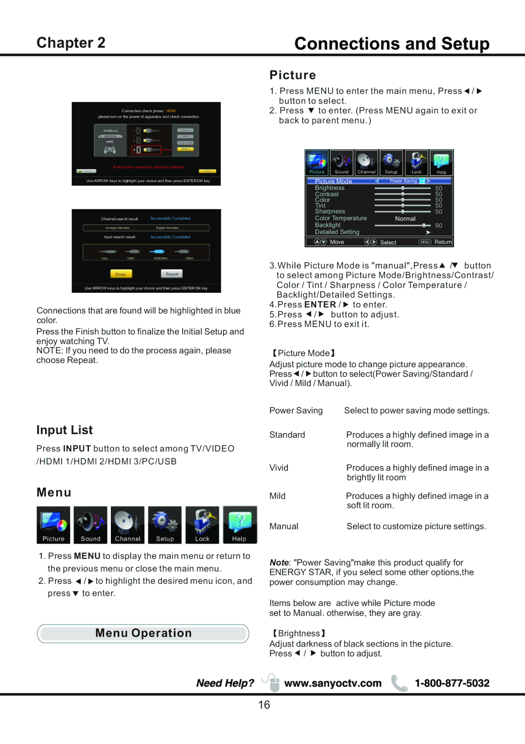 Sanyo DP58D34 manual Picture, Input List, Menu Operation 