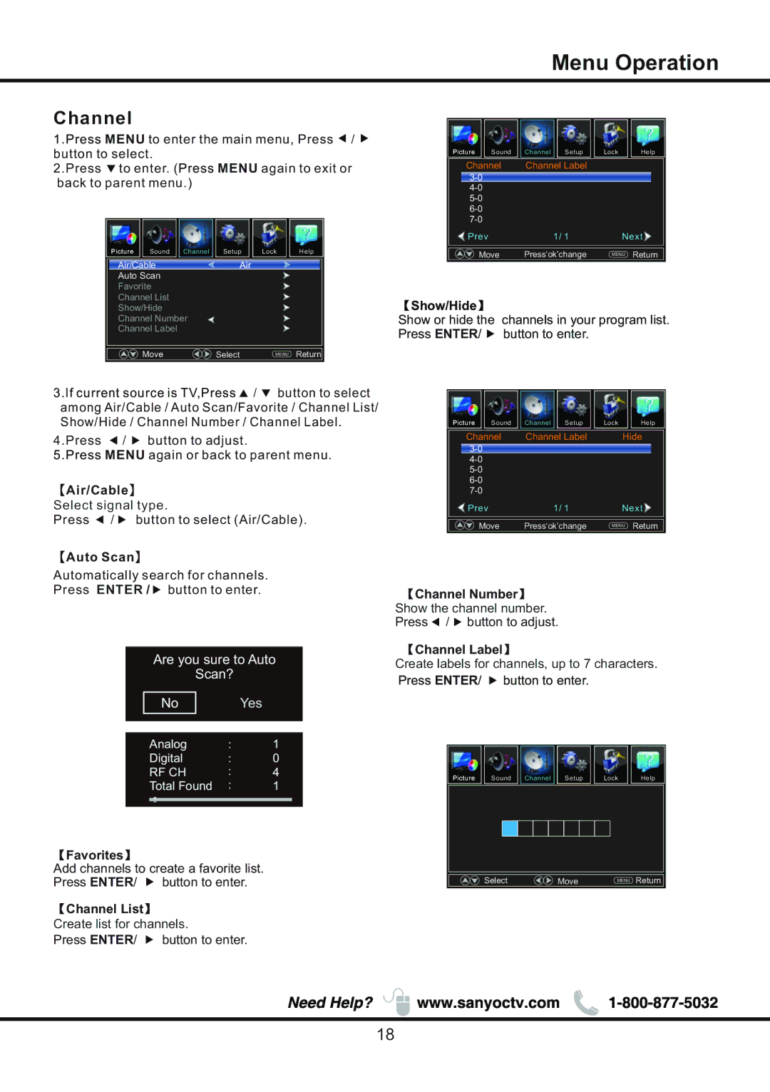 Sanyo DP58D34 manual Channel 