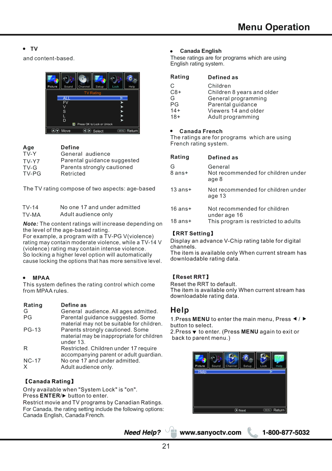 Sanyo DP58D34 manual Help, 【RRT Setting】, 【Reset RRT】 