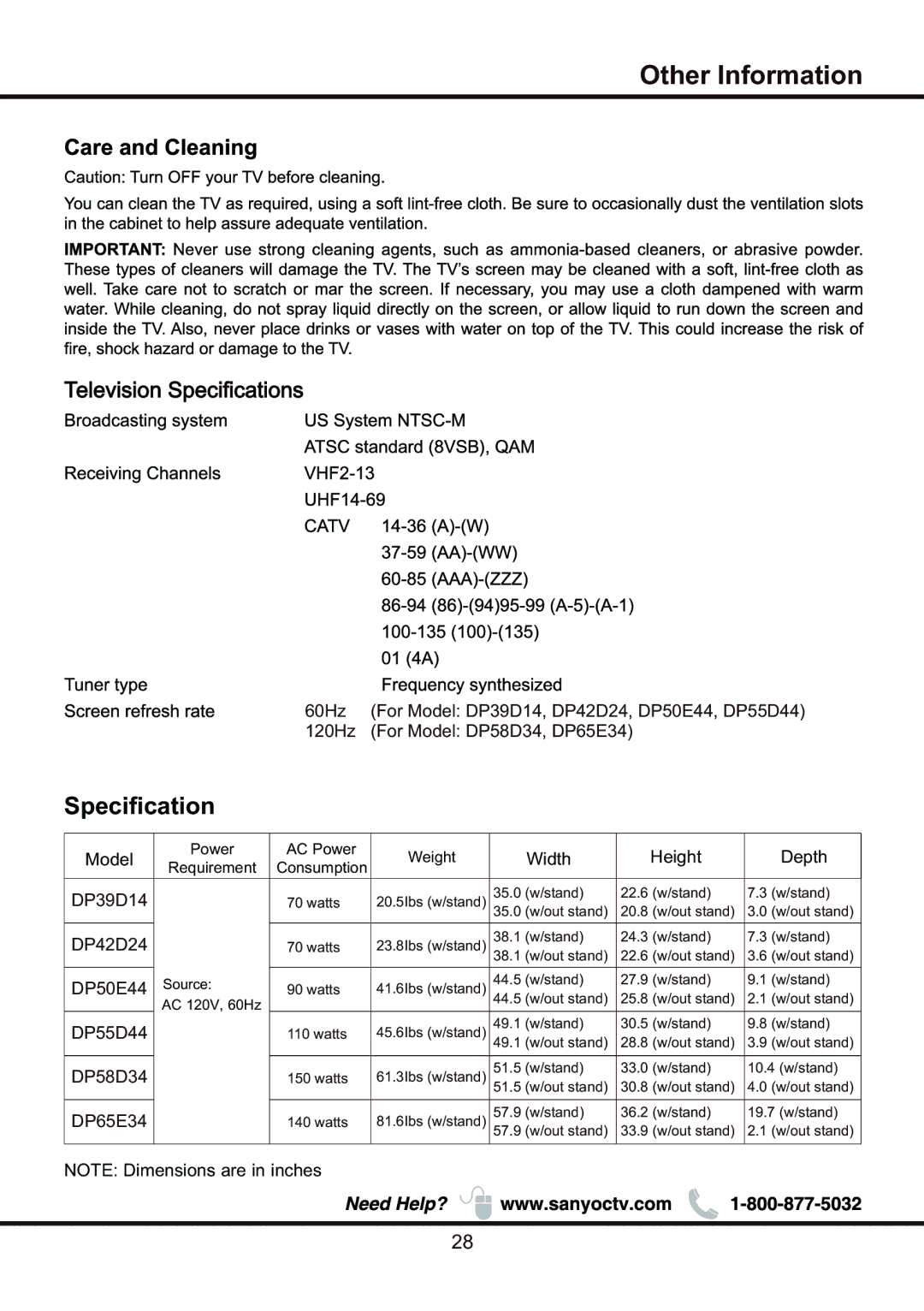 Sanyo DP58D34 manual Specification 