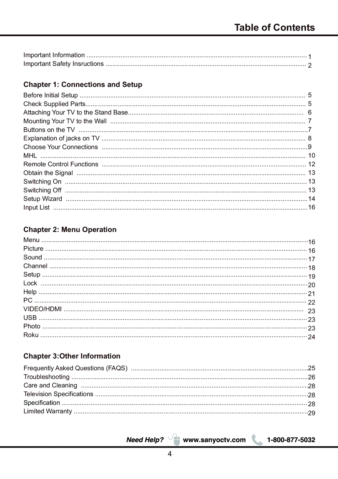 Sanyo DP58D34 manual Table of Contents 