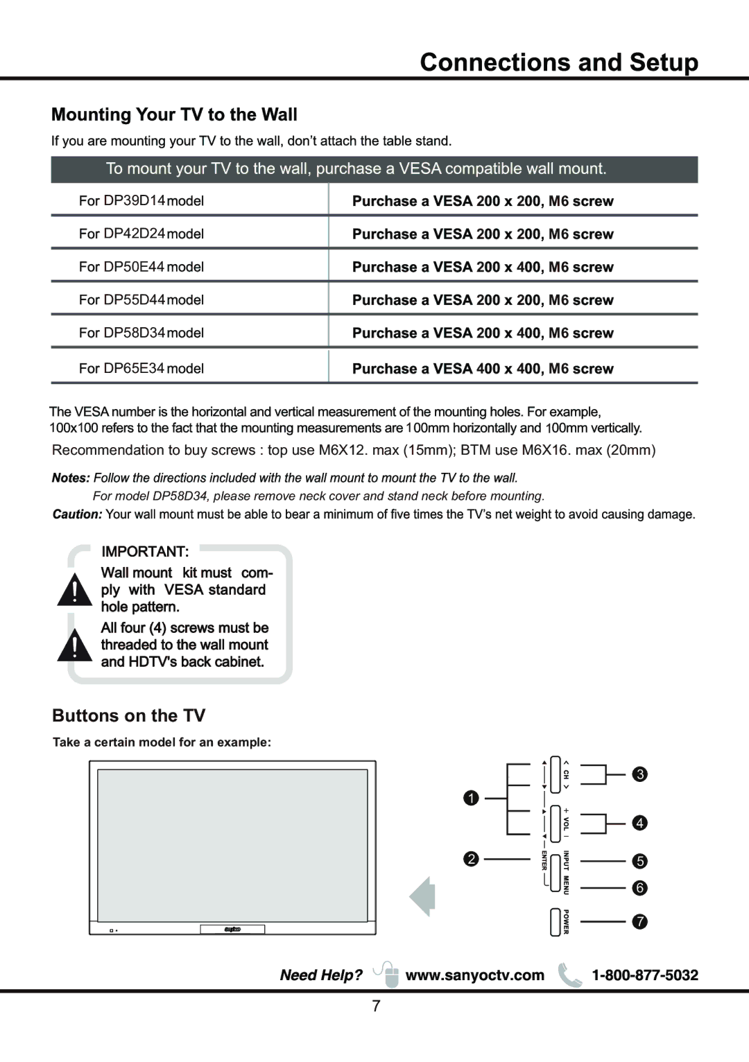 Sanyo DP58D34 manual Buttons on the TV, Take a certain model for an example 