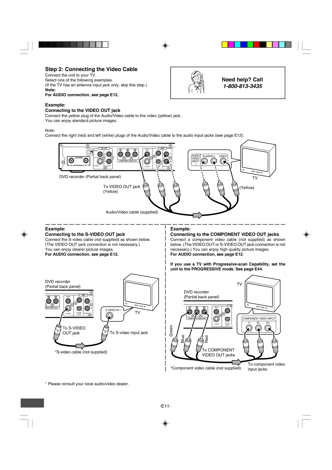 Sanyo DRW-500 Connecting the Video Cable, Example Connecting to the Video OUT jack, For Audio connection, see page E12 