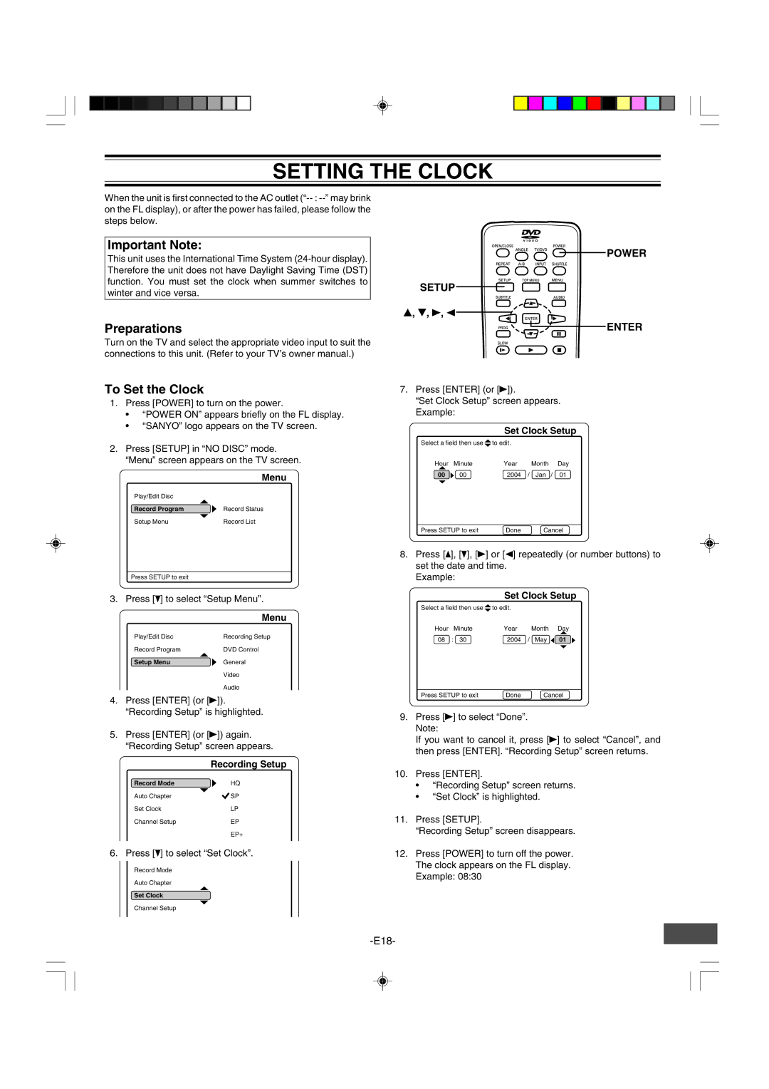 Sanyo DRW-500 instruction manual Setting the Clock, Important Note, Preparations, To Set the Clock 