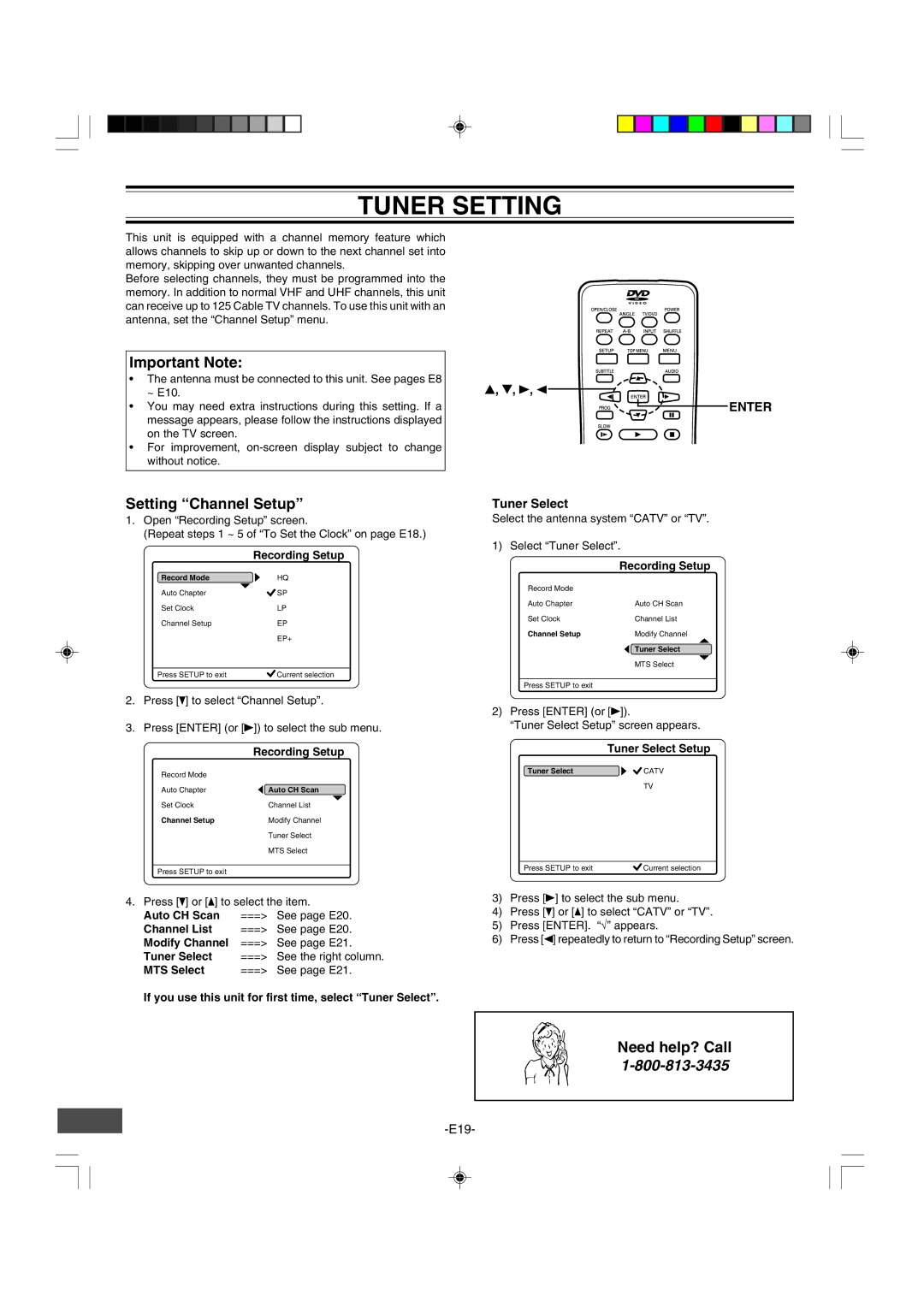 Sanyo DRW-500 instruction manual Tuner Setting, Setting Channel Setup, Tuner Select 