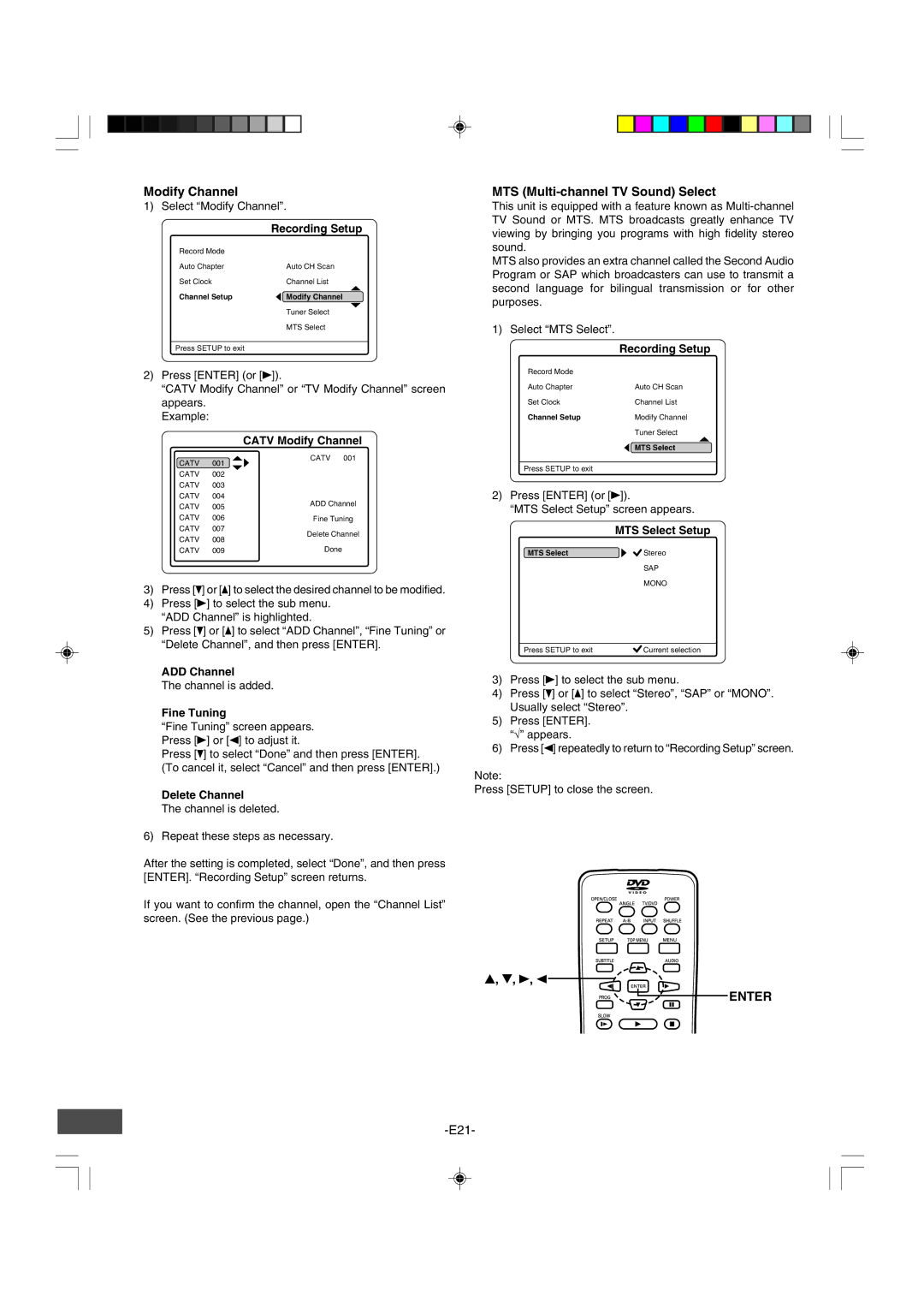 Sanyo DRW-500 instruction manual Modify Channel, MTS Multi-channel TV Sound Select 