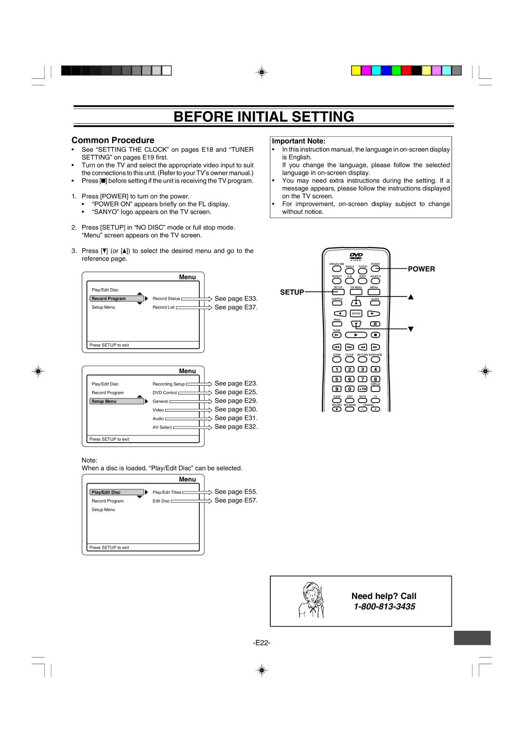 Sanyo DRW-500 instruction manual Before Initial Setting, Common Procedure, Important Note, Setup Power 