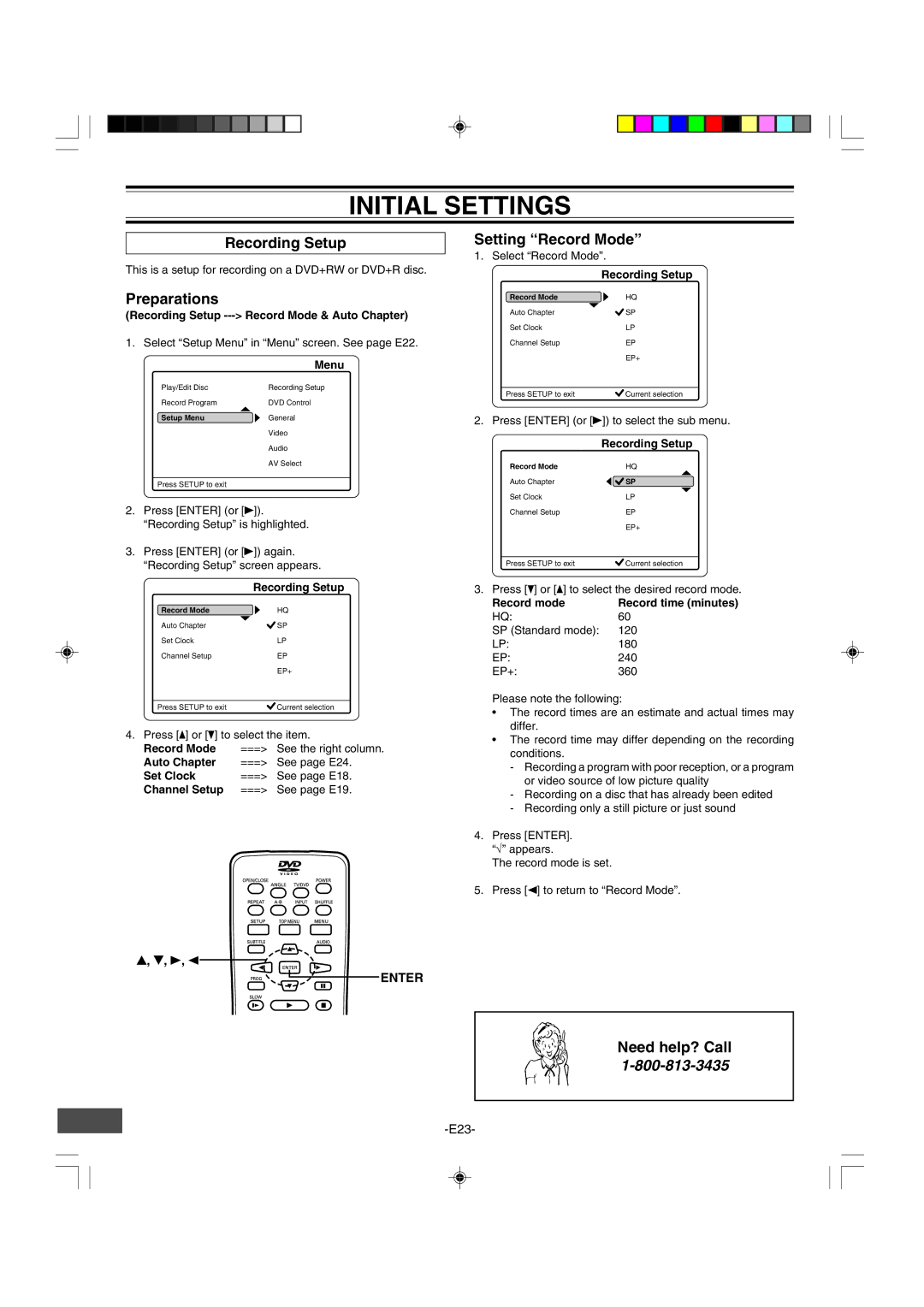 Sanyo DRW-500 instruction manual Initial Settings, Setting Record Mode, Recording Setup --- Record Mode & Auto Chapter 