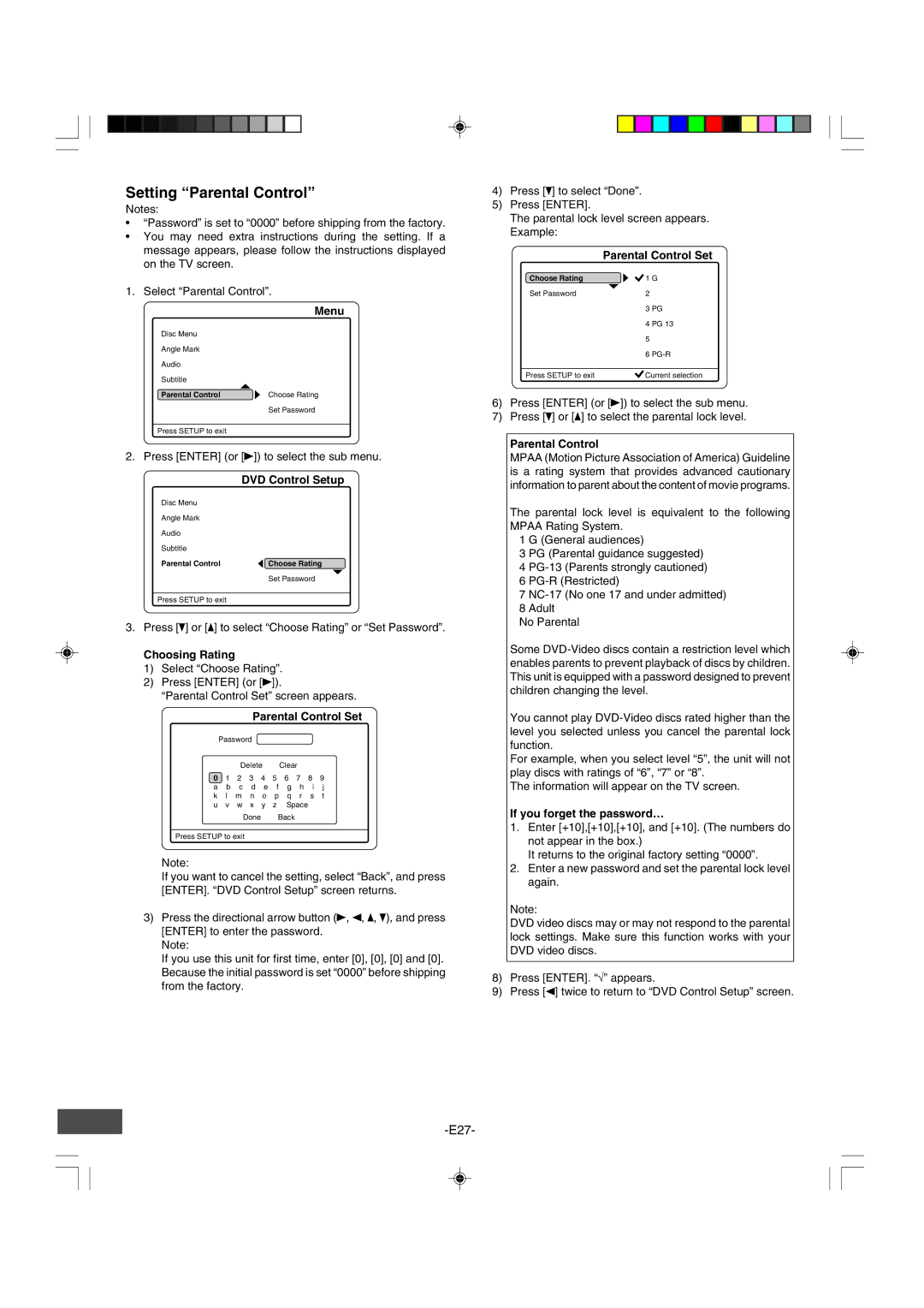 Sanyo DRW-500 Setting Parental Control, Choosing Rating, Parental Control Set, If you forget the password… 