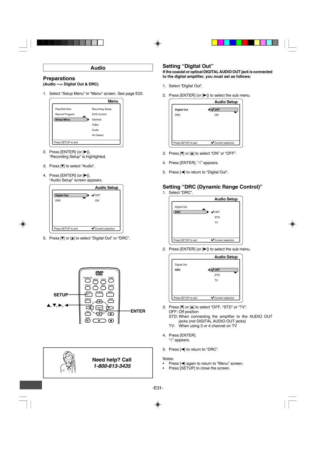 Sanyo DRW-500 Audio Preparations, Setting Digital Out, Setting DRC Dynamic Range Control, Audio --- Digital Out & DRC 