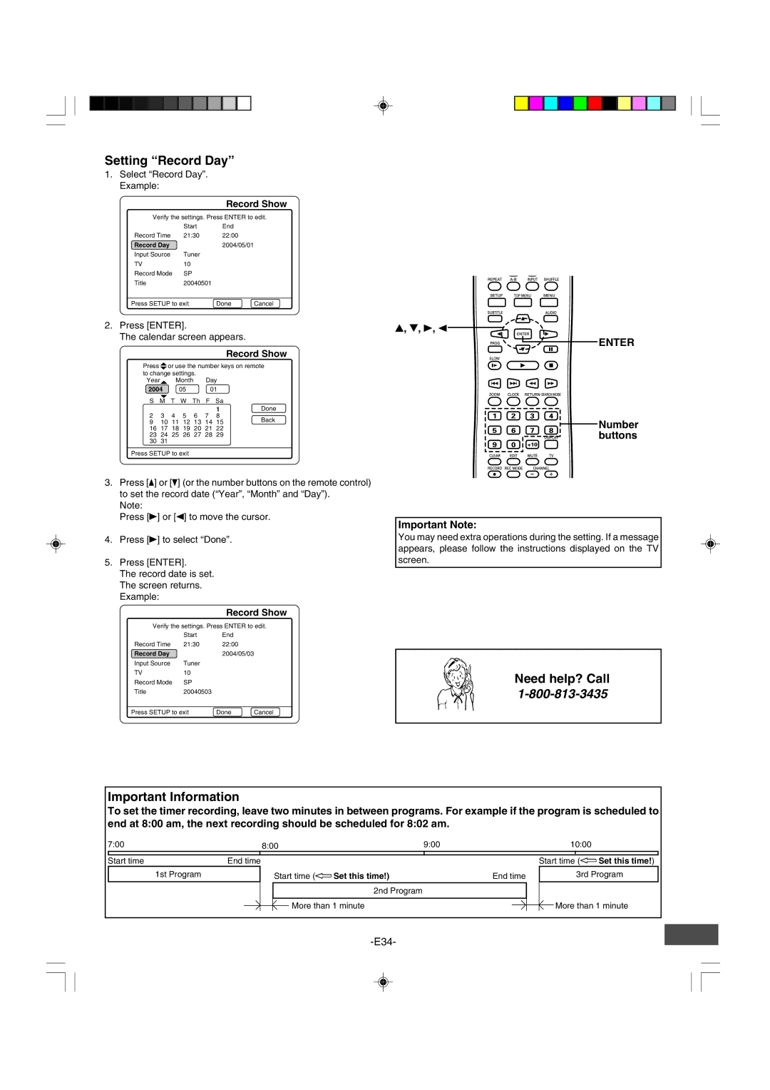 Sanyo DRW-500 instruction manual Setting Record Day, Important Information, Number Buttons Important Note 