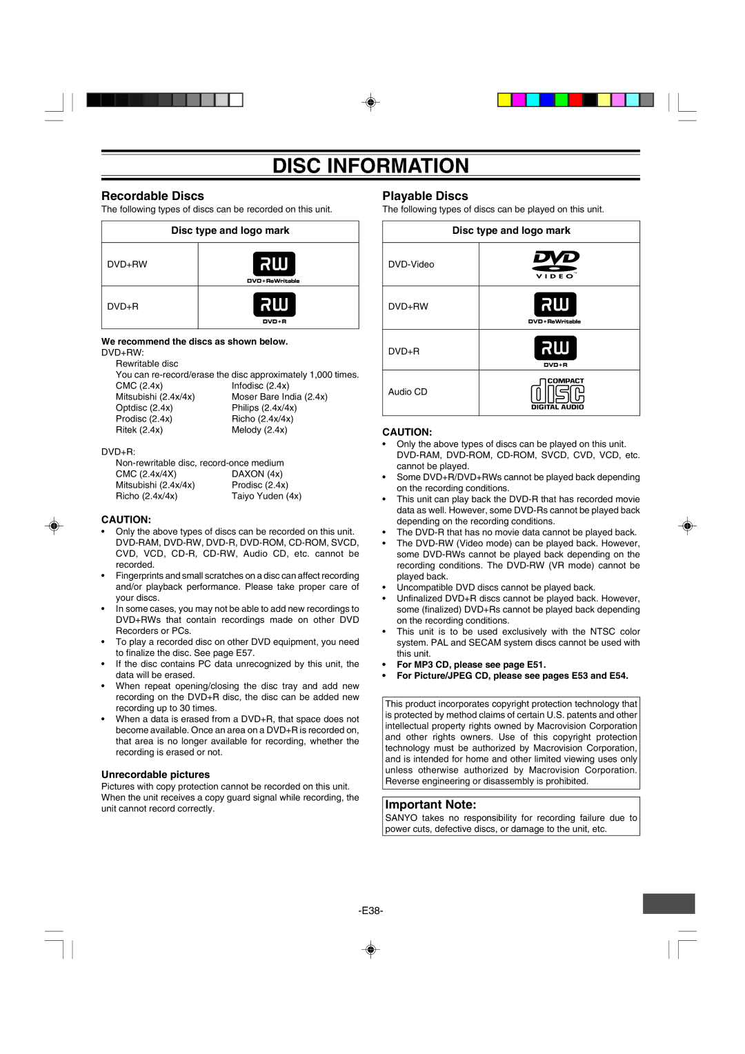 Sanyo DRW-500 Disc Information, Recordable Discs, Playable Discs, Disc type and logo mark, Unrecordable pictures 