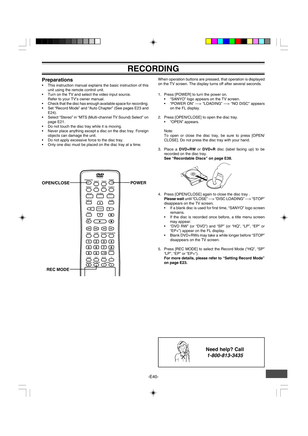 Sanyo DRW-500 instruction manual Recording, OPEN/CLOSE Power, REC Mode, See Recordable Discs on page E38 