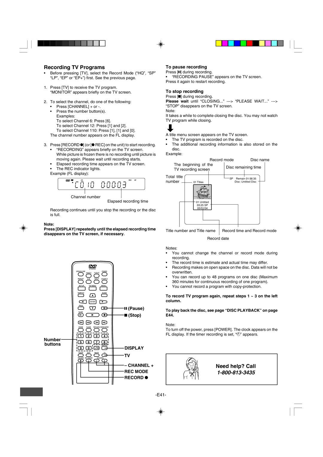 Sanyo DRW-500 Recording TV Programs, Pause Stop Number Buttons, Display Channel +, REC Mode Record m To pause recording 