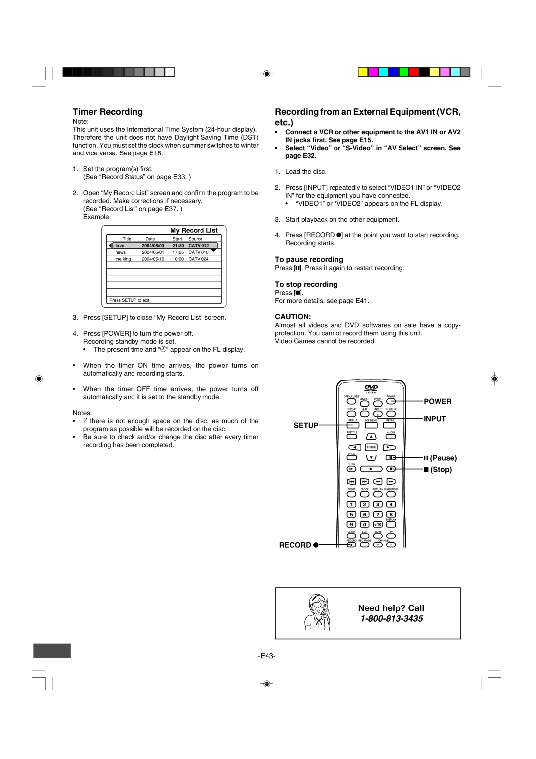 Sanyo DRW-500 Timer Recording, Recording from an External Equipment VCR, etc, Power Input Setup, Pause Stop Record m 