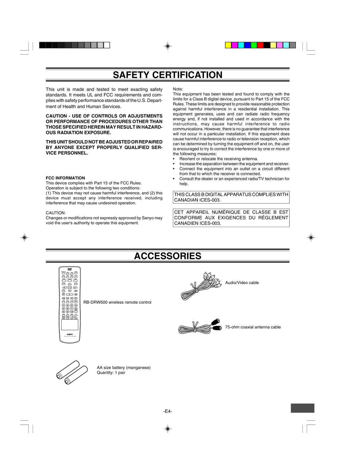 Sanyo DRW-500 instruction manual Safety Certification, Accessories 