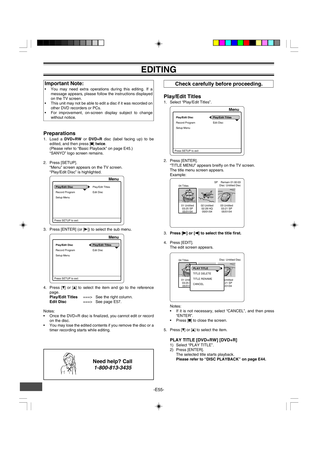 Sanyo DRW-500 instruction manual Editing, Check carefully before proceeding Play/Edit Titles, Play Title DVD+RW DVD+R 