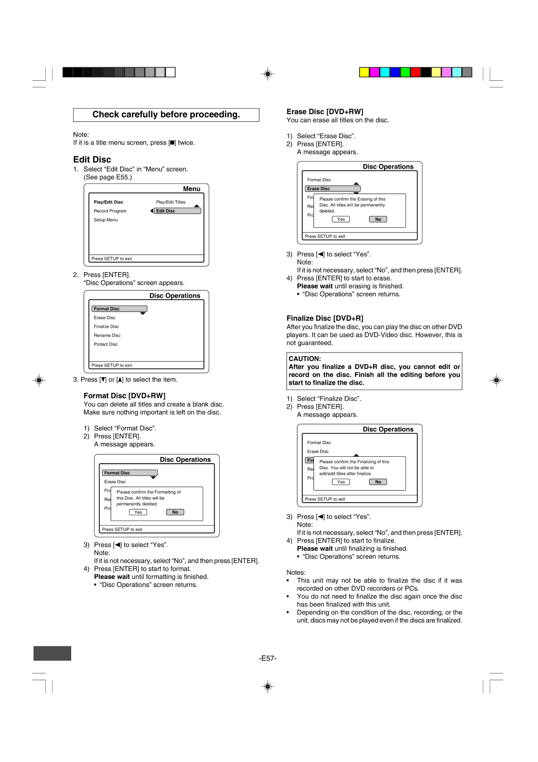 Sanyo DRW-500 Check carefully before proceeding, Edit Disc, Format Disc DVD+RW, Erase Disc DVD+RW, Finalize Disc DVD+R 