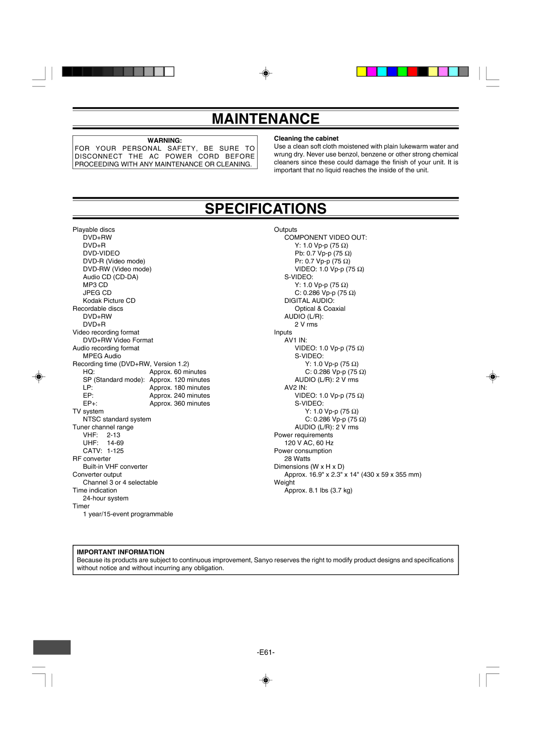 Sanyo DRW-500 instruction manual Maintenance, Specifications, Cleaning the cabinet 