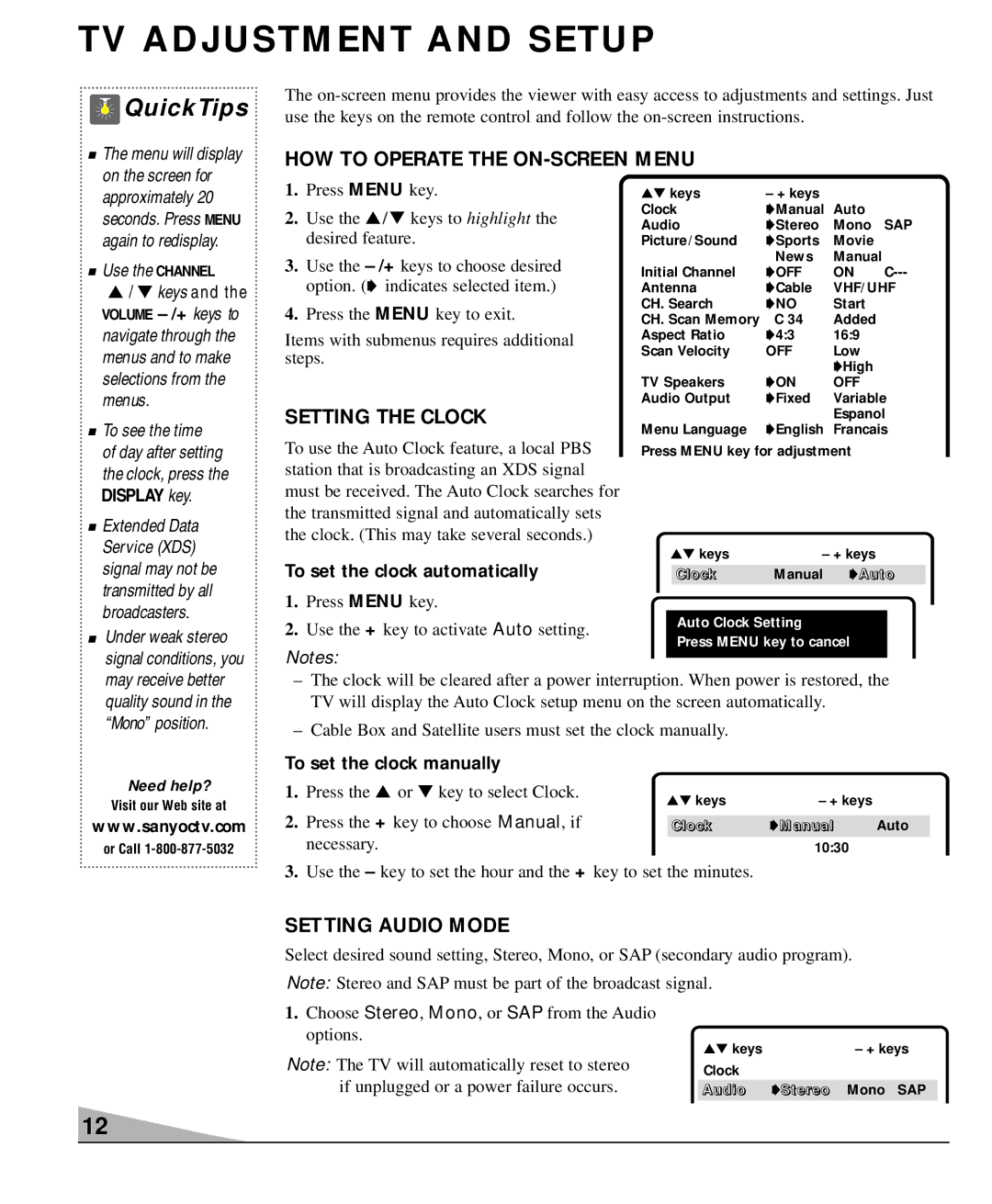 Sanyo DS36930, DS32920 TV Adjustment and Setup, HOW to Operate the ON-SCREEN Menu, Setting the Clock, Setting Audio Mode 