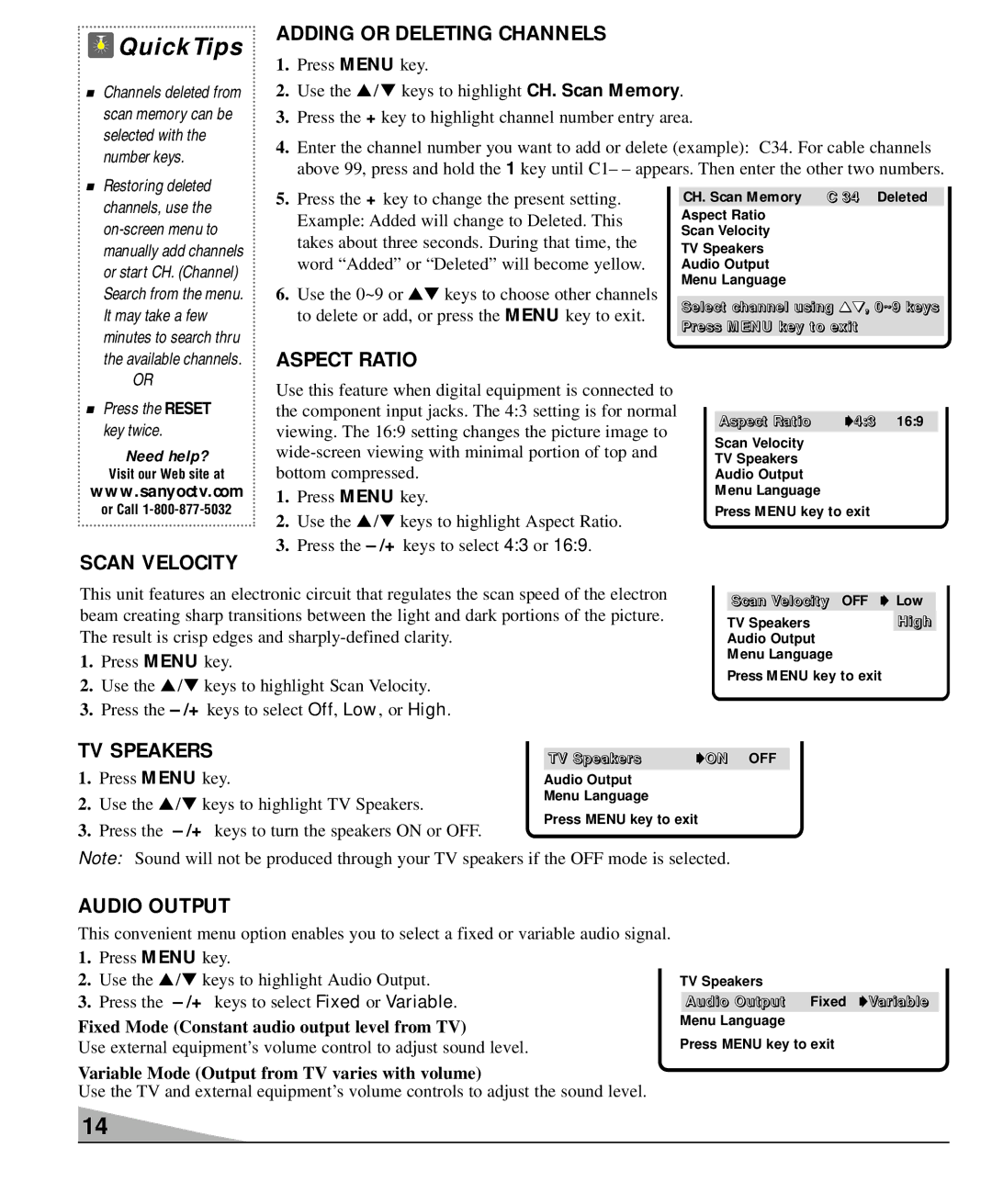 Sanyo DS27930, DS36930 Scan Velocity Adding or Deleting Channels, Aspect Ratio, TV Speakers, Audio Output, CH. Scan Memory 