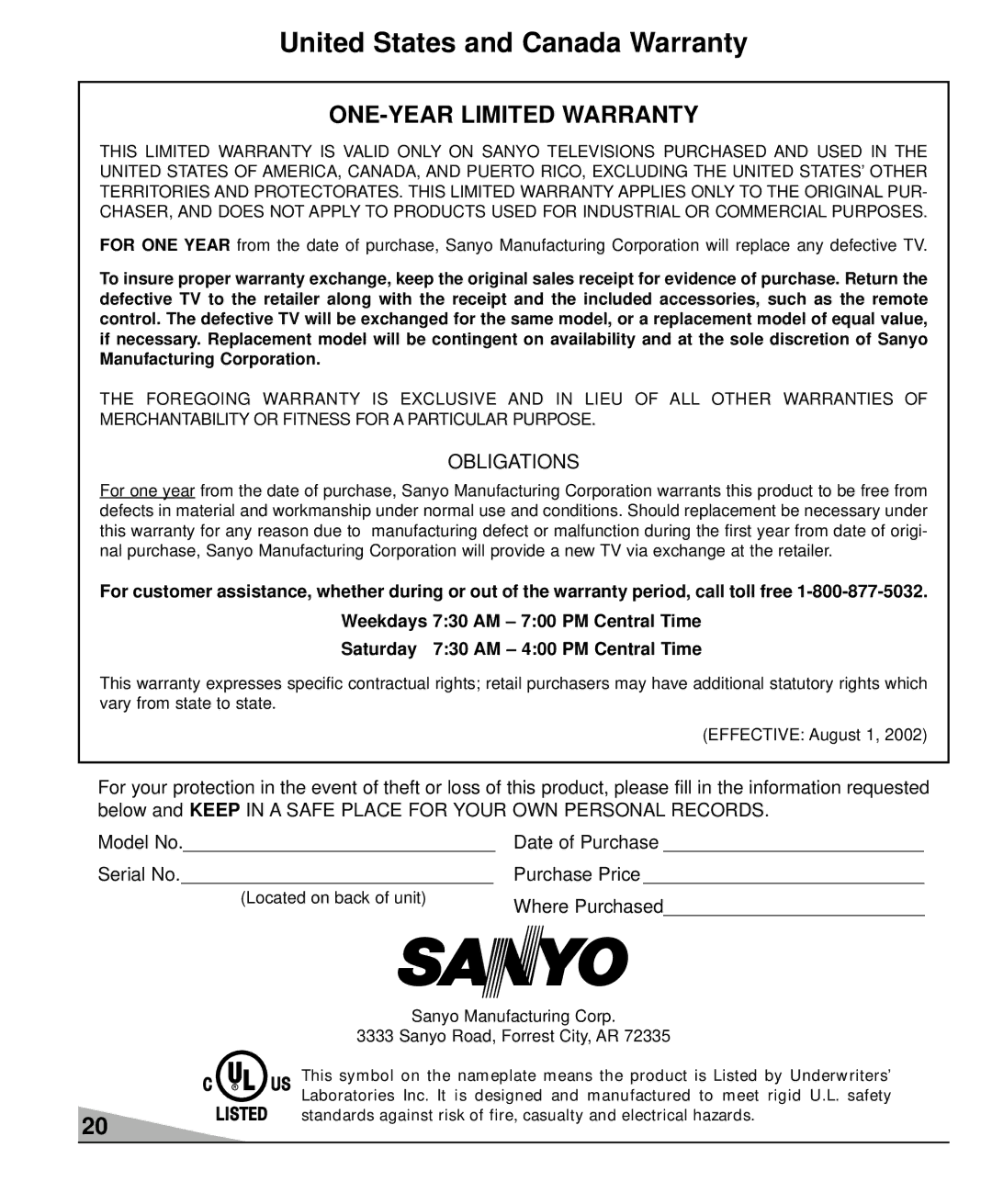 Sanyo DS27930, DS36930, DS32920 manual United States and Canada Warranty, For ONE Year 