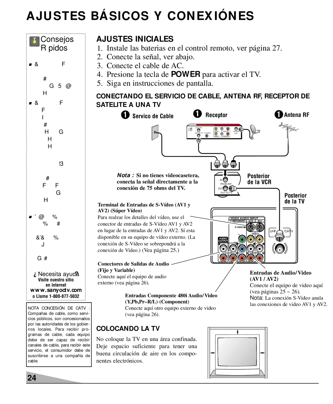 Sanyo DS36930 Ajustes Básicos Y Conexiónes, Conectando EL Servicio DE CABLE, Antena RF, Receptor DE, Satelite a UNA TV 