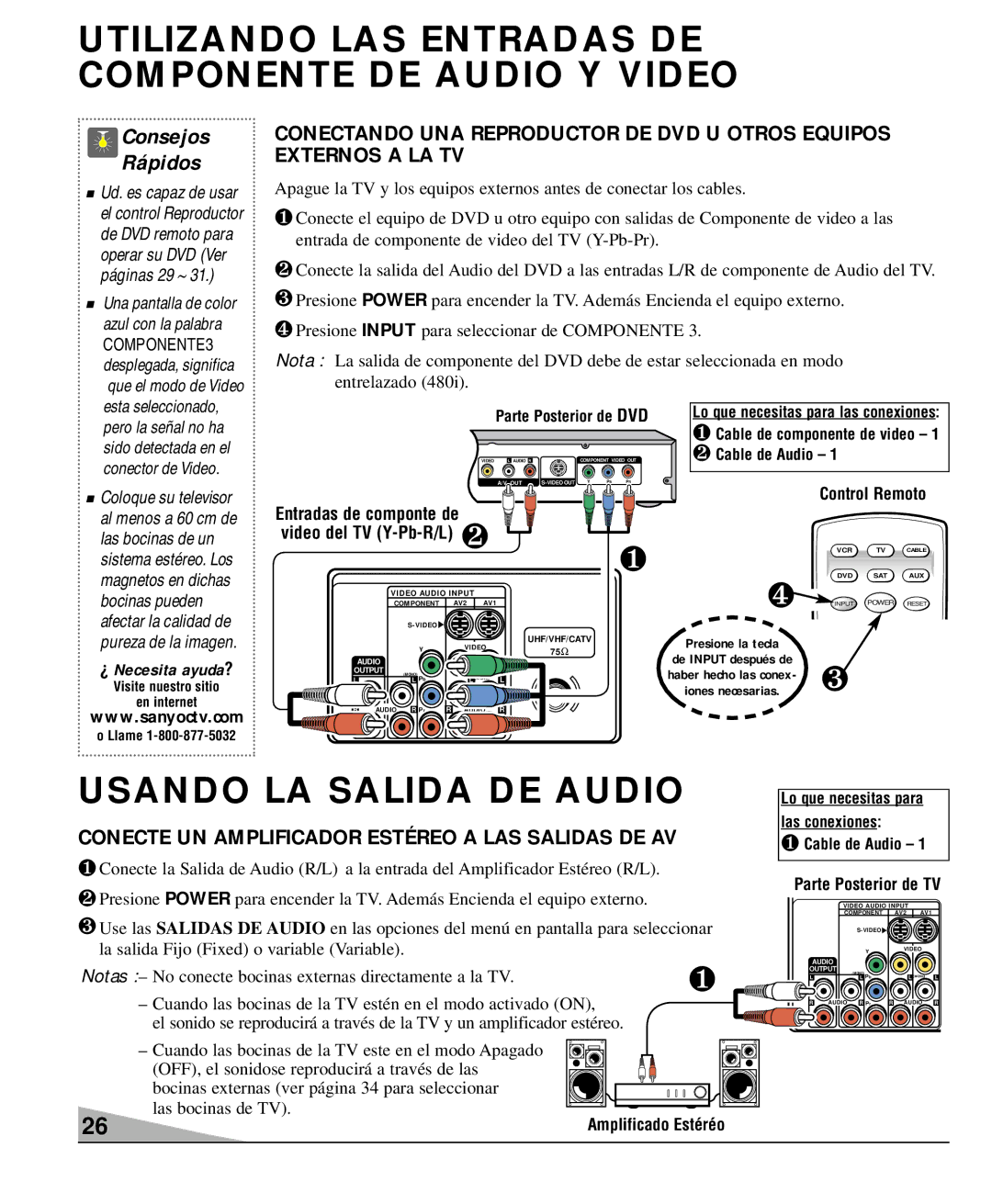 Sanyo DS27930, DS36930 Utilizando LAS Entradas DE Componente DE Audio Y Video, Usando LA Salida DE Audio, Externos a LA TV 