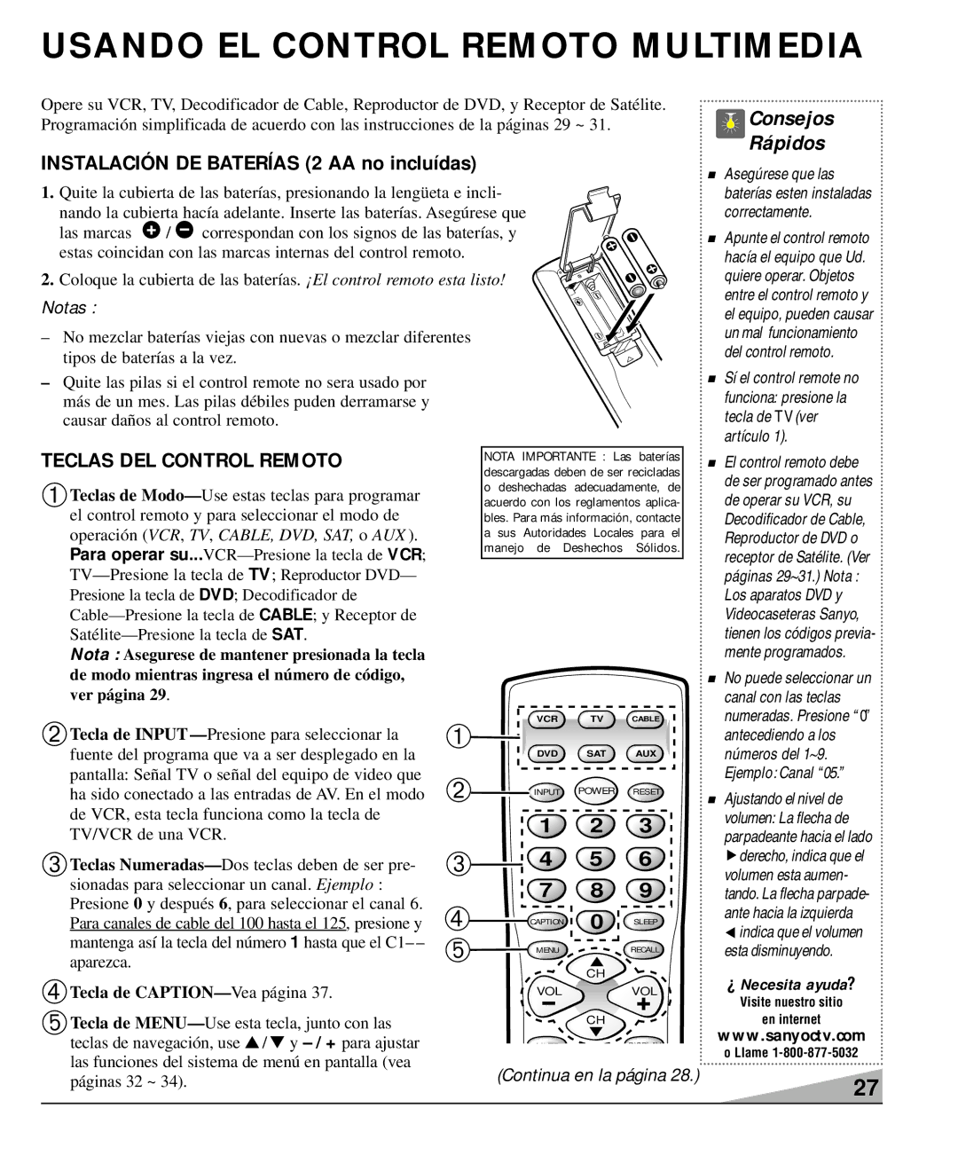 Sanyo DS36930, DS32920, DS27930 Usando EL Control Remoto Multimedia, Teclas DEL Control Remoto, Vcr, Sat, ➁Tecla de Input 