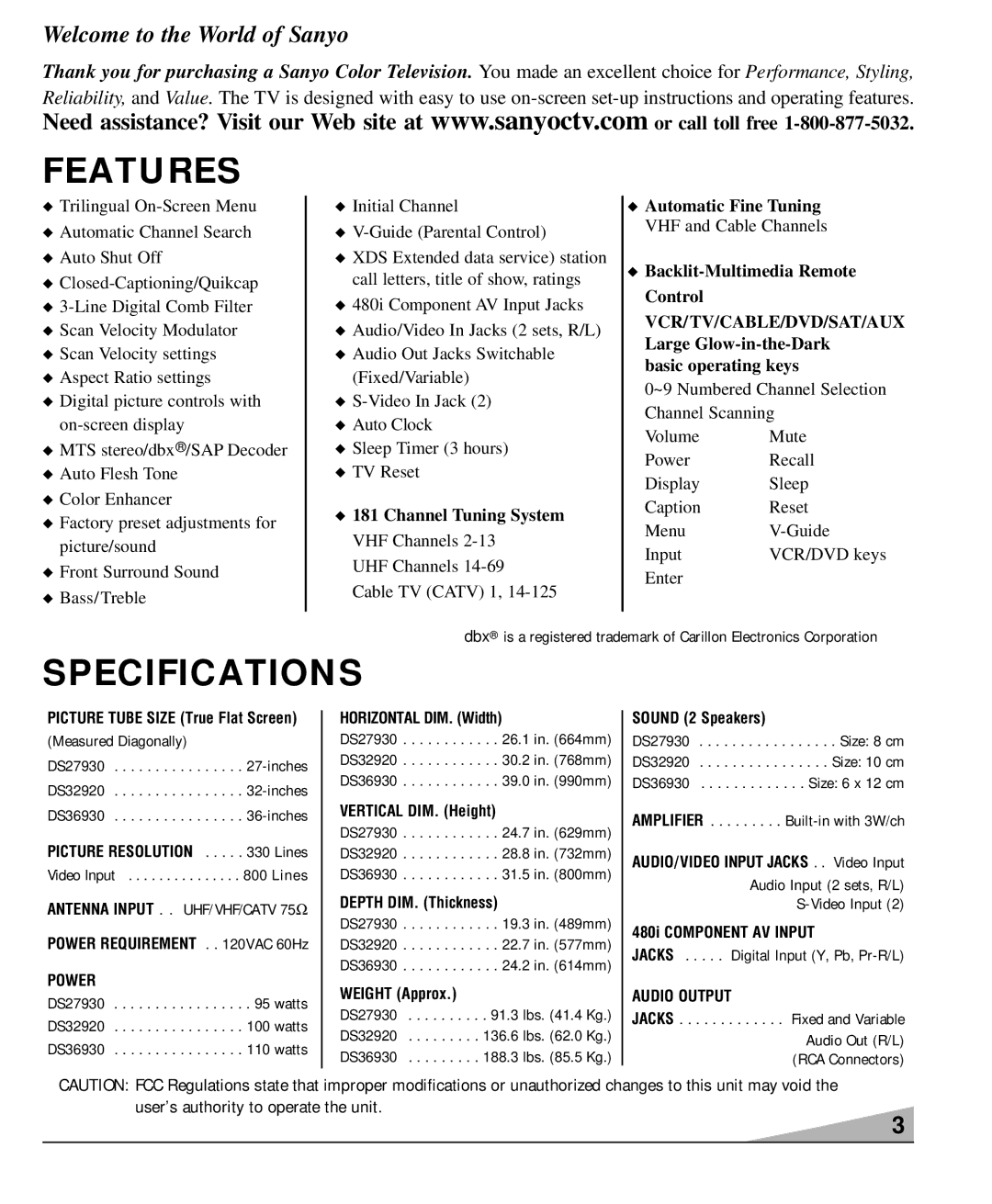 Sanyo DS36930, DS32920, DS27930 manual Features, Specifications, Basic operating keys 