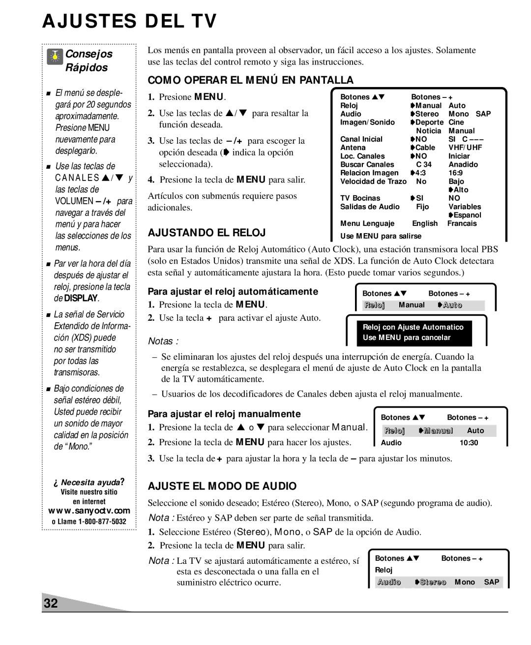 Sanyo DS27930, DS36930 manual Ajustes DEL TV, Como Operar EL Menú EN Pantalla, Ajustando EL Reloj, Ajuste EL Modo DE Audio 