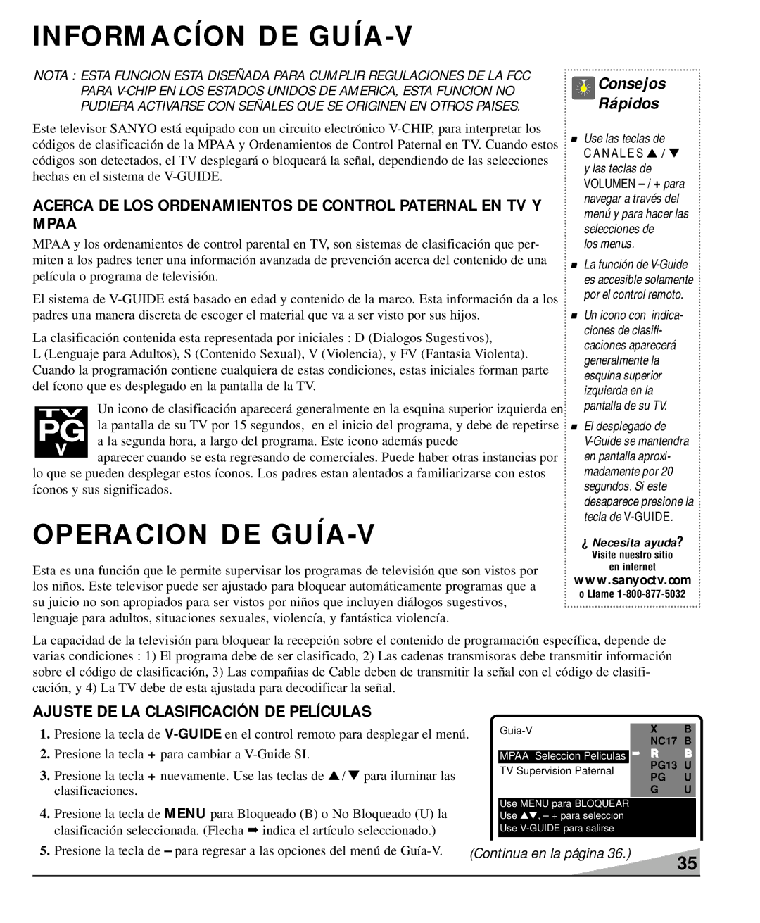 Sanyo DS27930 Informacíon DE GUÍA-V, Operacion DE GUÍA-V, Ajuste DE LA Clasificación DE Películas, Icono además puede 