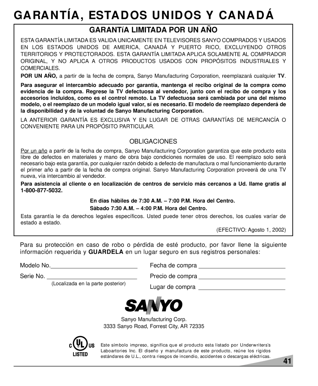 Sanyo DS27930, DS36930, DS32920 manual GARANTÍA, Estados Unidos Y Canadá, GARANTíA Limitada POR UN AÑO 