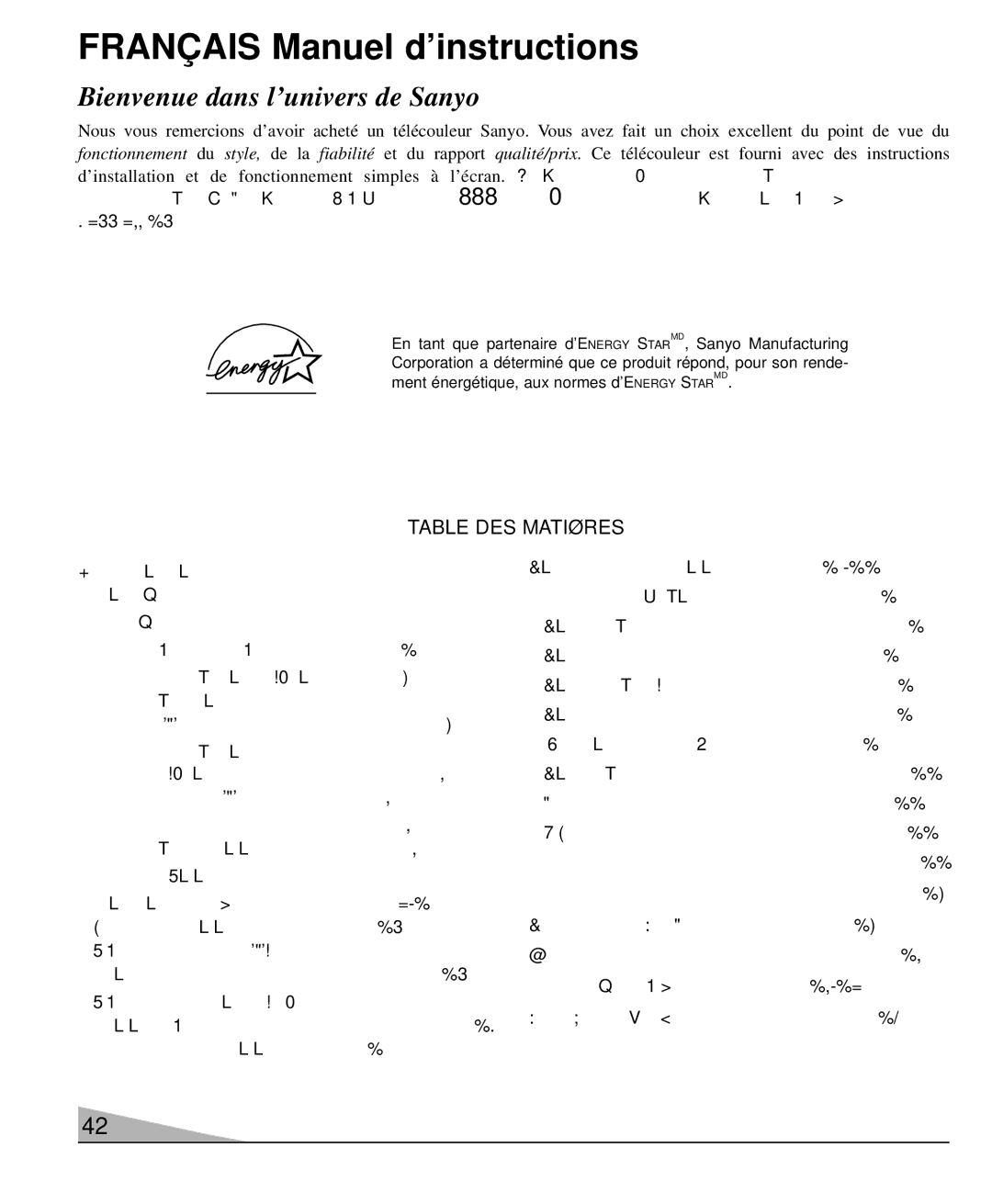 Sanyo DS36930, DS32920, DS27930 manual Table DES Matières 