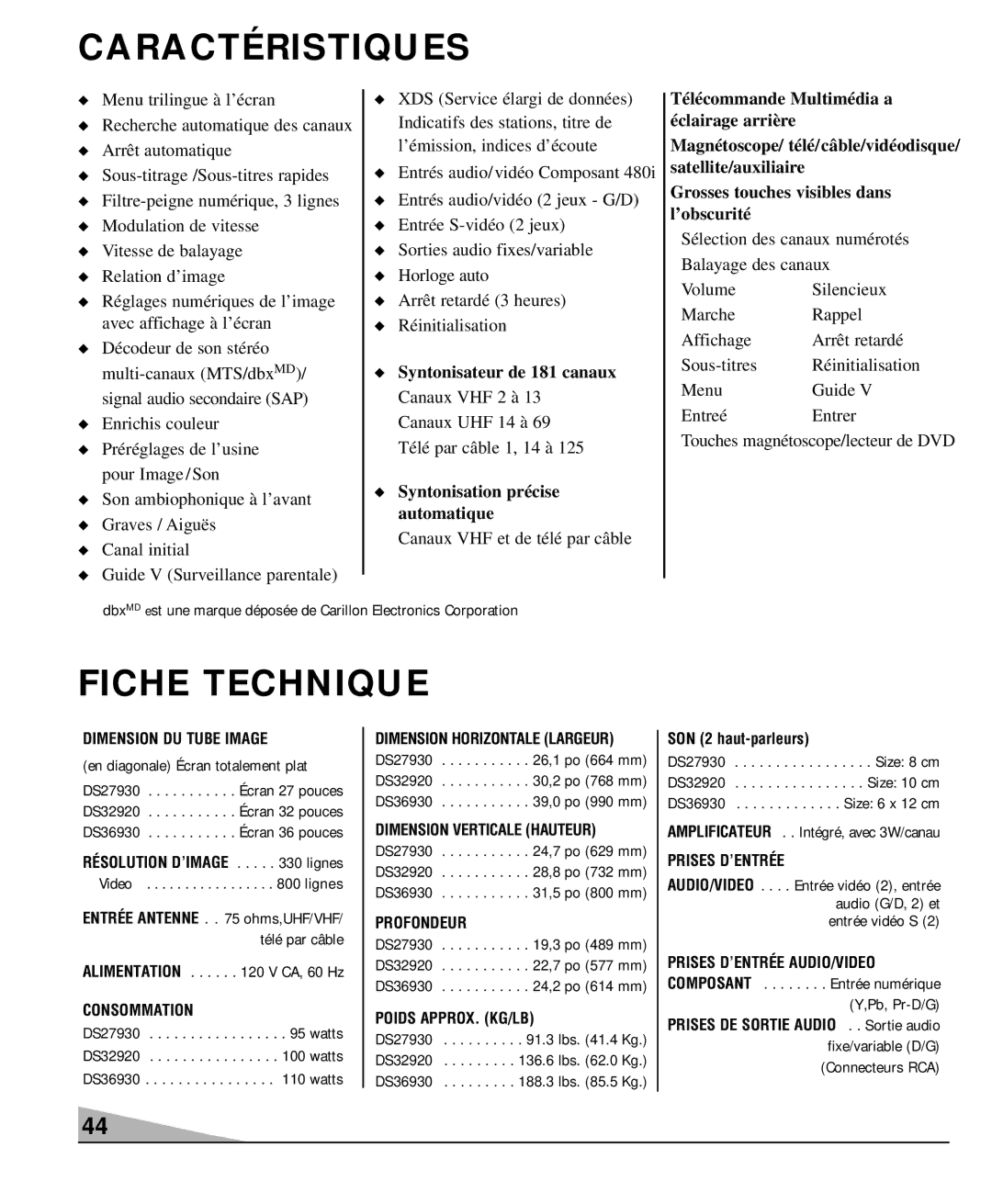 Sanyo DS27930, DS36930, DS32920 manual Caractéristiques, Fiche Technique 