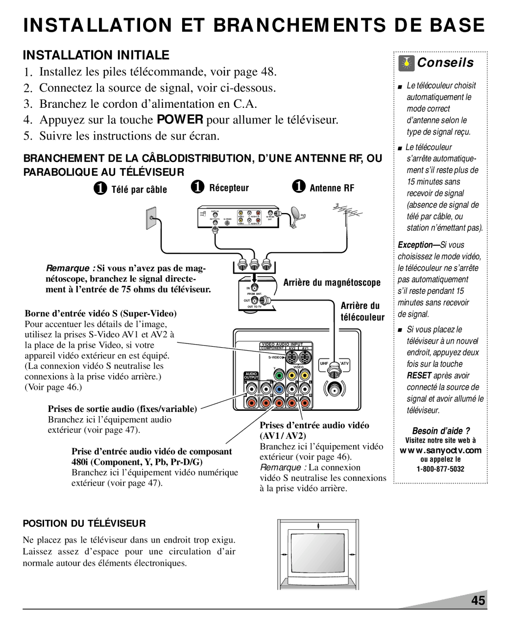 Sanyo DS36930 manual Installation ET Branchements DE Base, Ment à l’entrée de 75 ohms du téléviseur, Position DU Téléviseur 