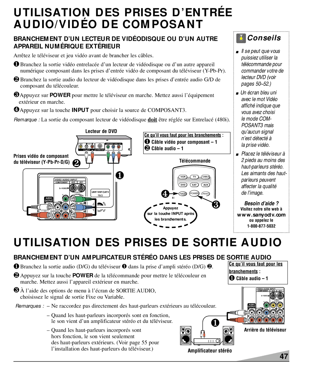 Sanyo DS27930, DS36930, DS32920 manual Utilisation DES Prises D’ENTRÉE AUDIO/VIDÉO DE Composant, ❹Appuyez sur la touche 