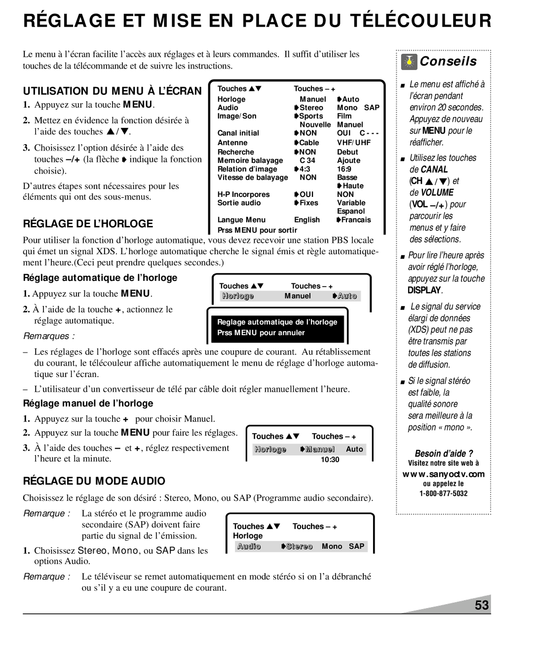 Sanyo DS27930 Utilisation DU Menu À L’ÉCRAN, Réglage DE L’HORLOGE, Réglage DU Mode Audio, Réglage automatique de l’horloge 