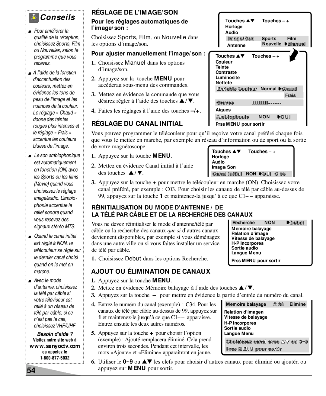 Sanyo DS36930, DS32920, DS27930 manual Réglage DE LIMAGE/SON, Réglage DU Canal Initial, Ajout OU Élimination DE Canaux 