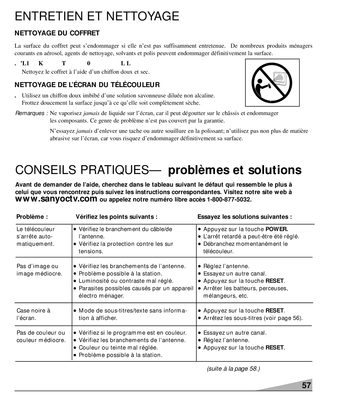 Sanyo DS36930, DS32920, DS27930 Entretien ET Nettoyage, Nettoyage DU Coffret, Nettoyage DE L’ÉCRAN DU Télécouleur, ’essayez 