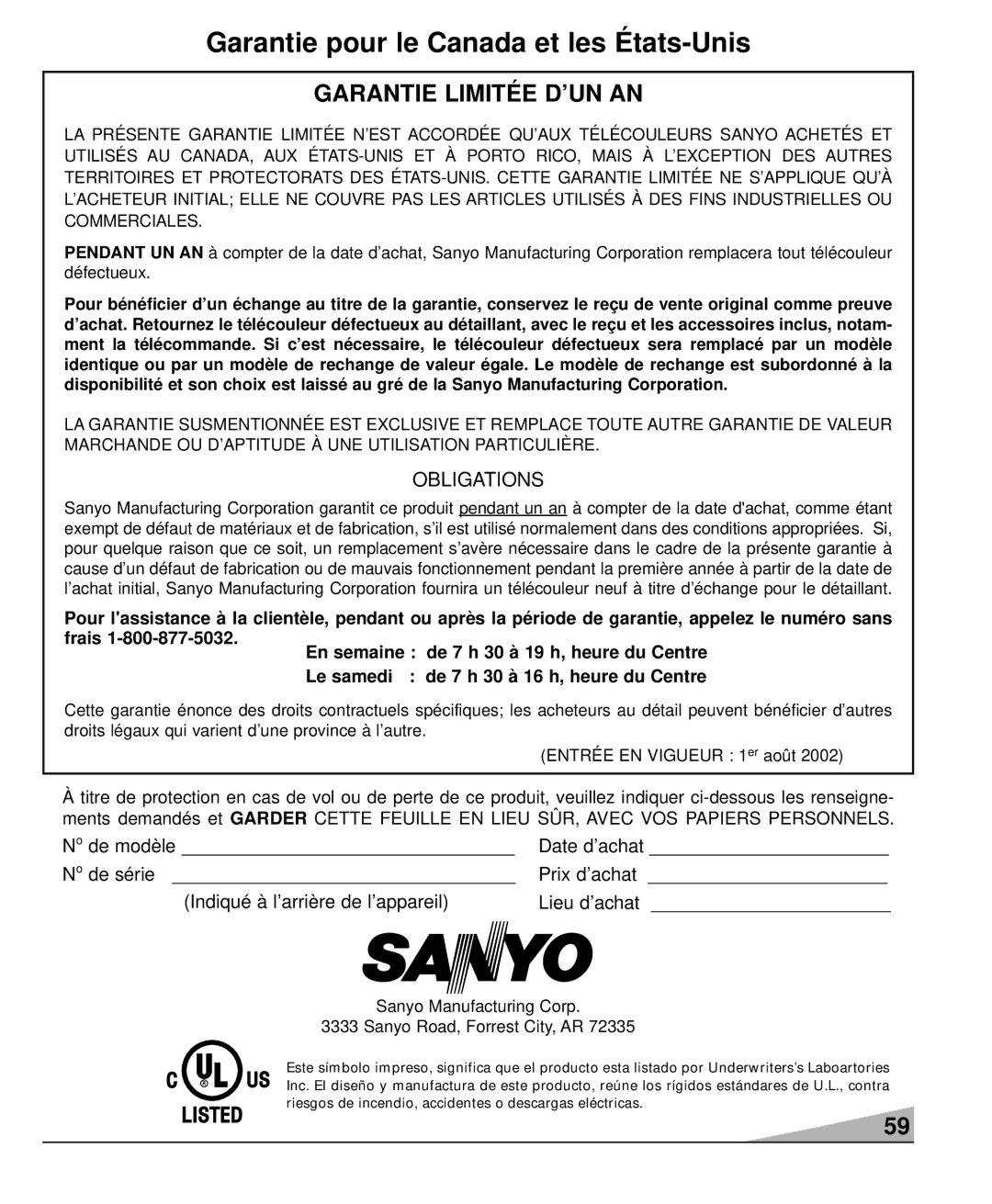 Sanyo DS27930, DS36930, DS32920 manual Garantie pour le Canada et les États-Unis, Pendant UN AN 