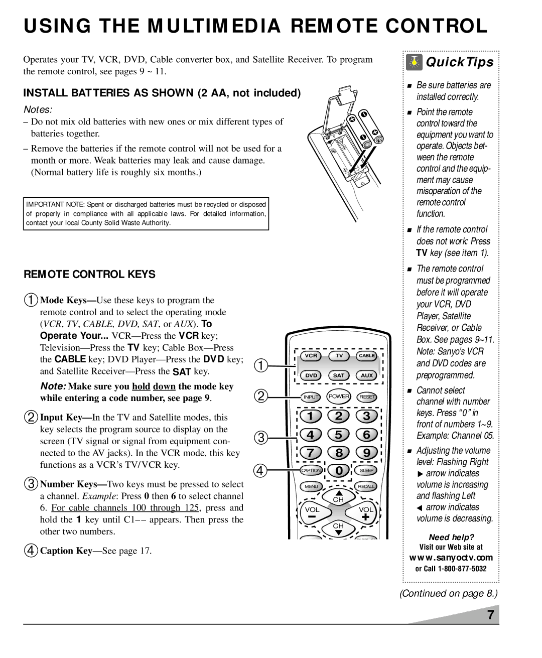 Sanyo DS32920, DS36930, DS27930 manual Using the Multimedia Remote Control, Remote Control Keys, VCR key, DVD key, Mode key 