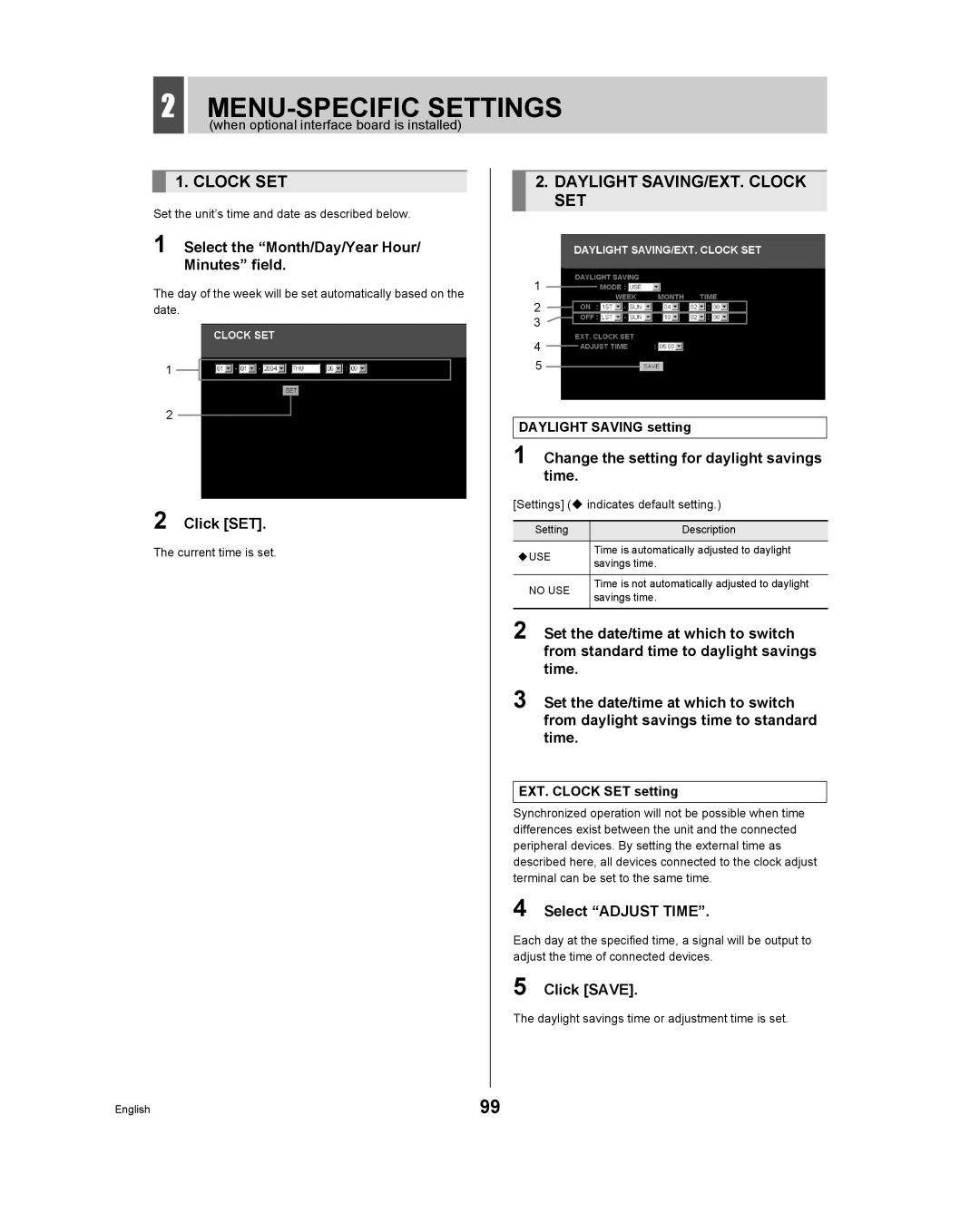 Sanyo DSR - 300 manual MENU-SPECIFIC Settings, Daylight SAVING/EXT. Clock SET 