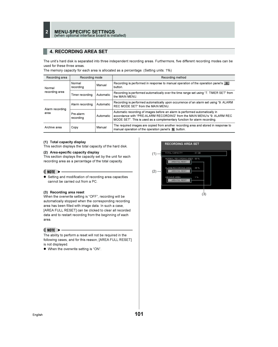 Sanyo DSR - 300 manual 101, Total capacity display, Area-specific capacity display, Recording area reset 